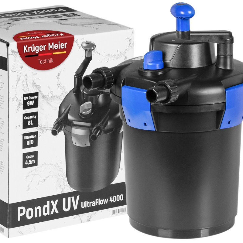 Ставковий фільтр, напірний Kruger Meier PondX UV 4000 з лампою 9 Вт та швидким очищенням для декоративних водойм
